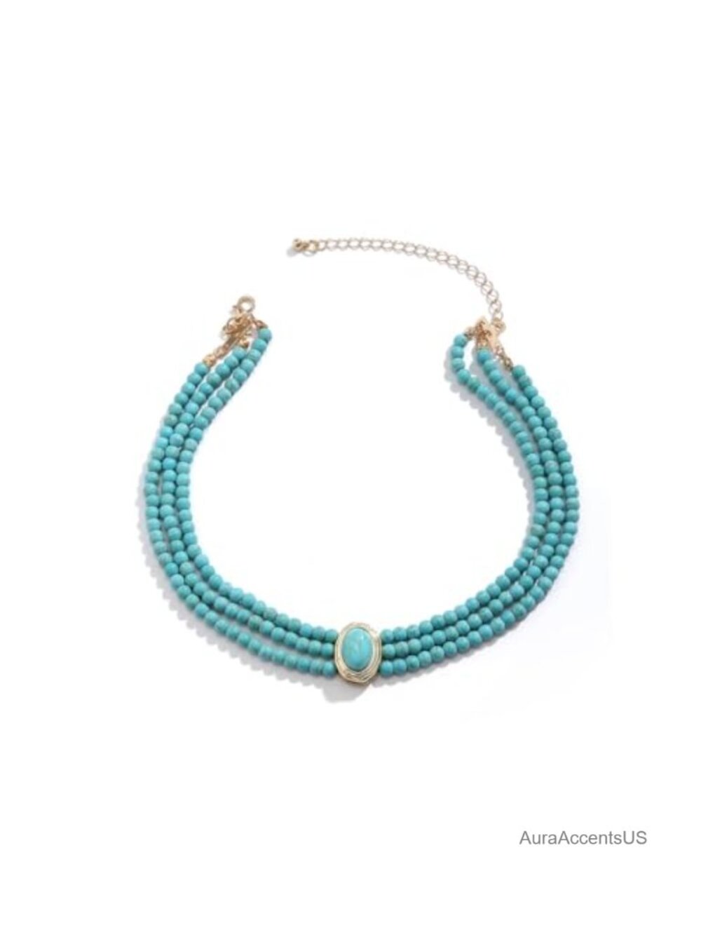 Turquoise Beaded Choker Necklace 3-Layer Zinc Alloy Summer Beach